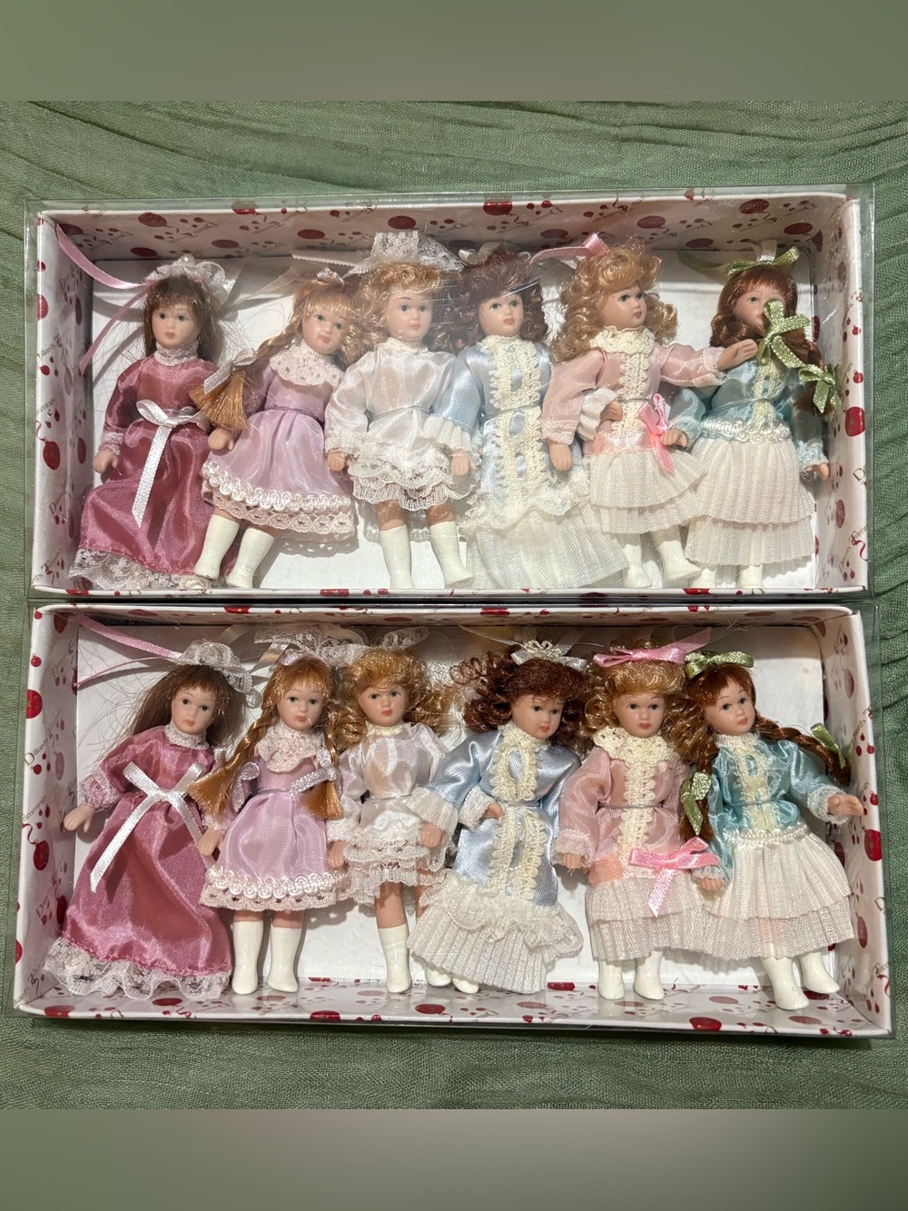 Vintage Dillard’s Trimmings Porcelain Christmas Dolls-12 dolls/2 boxed set